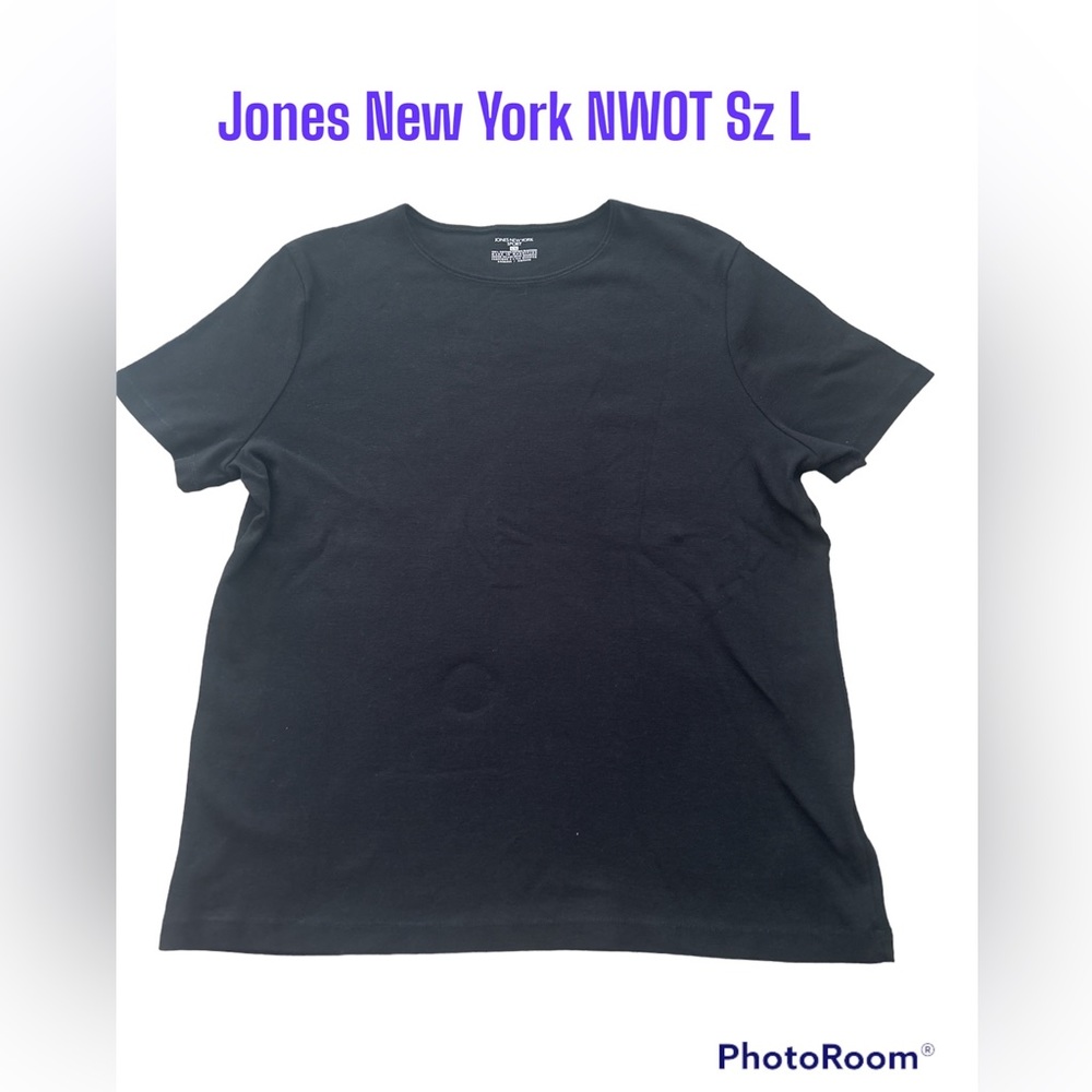 NWOT Jones New York Black Crew Neck Soft Stretchy Short Sleeve Shirt Top sz L